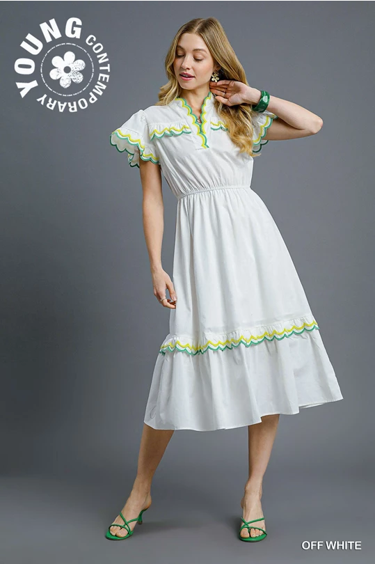Scalloped Trim Flutter Sleeve Midi Dress