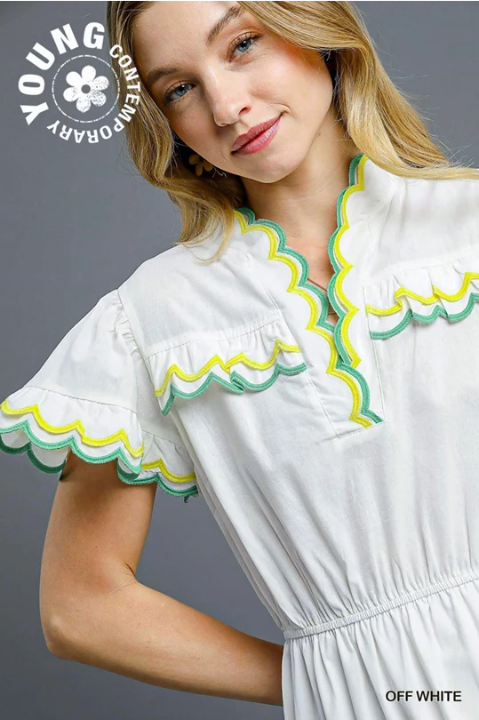 Scalloped Trim Flutter Sleeve Midi Dress