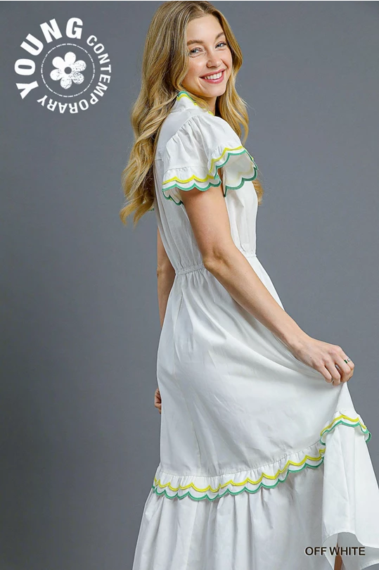 Scalloped Trim Flutter Sleeve Midi Dress