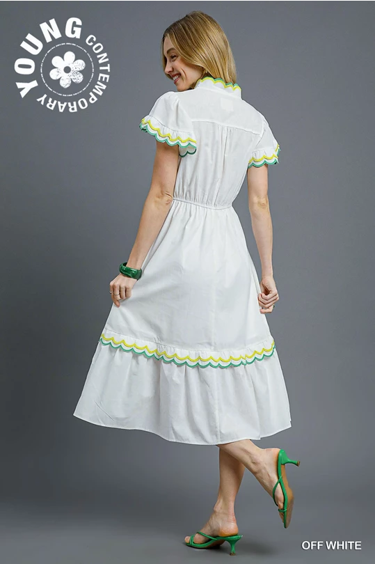 Scalloped Trim Flutter Sleeve Midi Dress