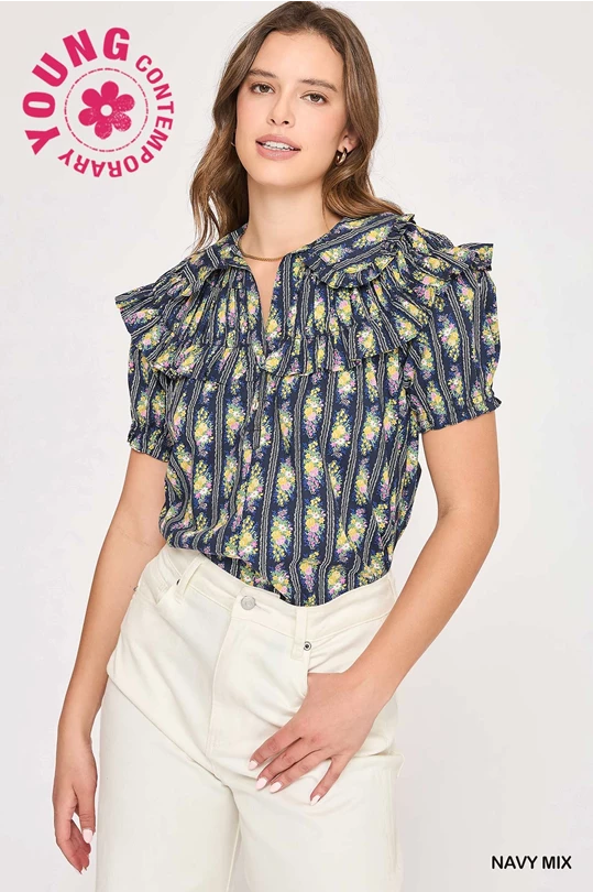 Navy Ruffle Floral Blouse