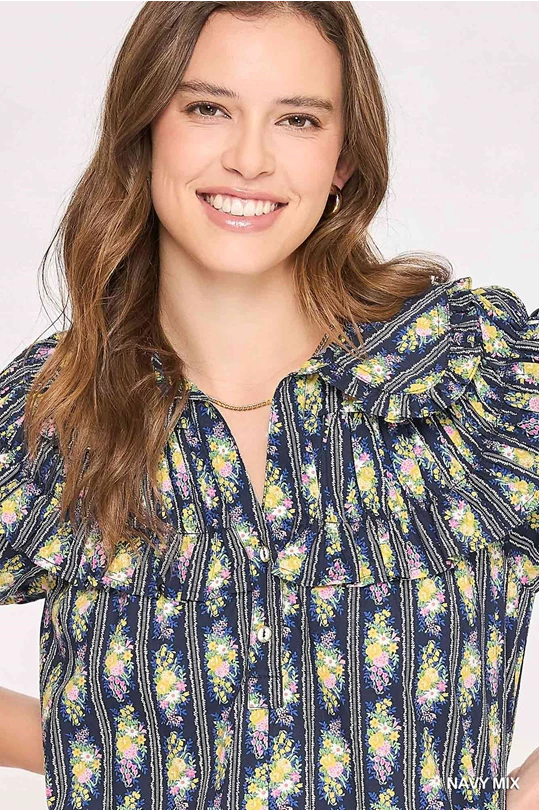 Navy Ruffle Floral Blouse
