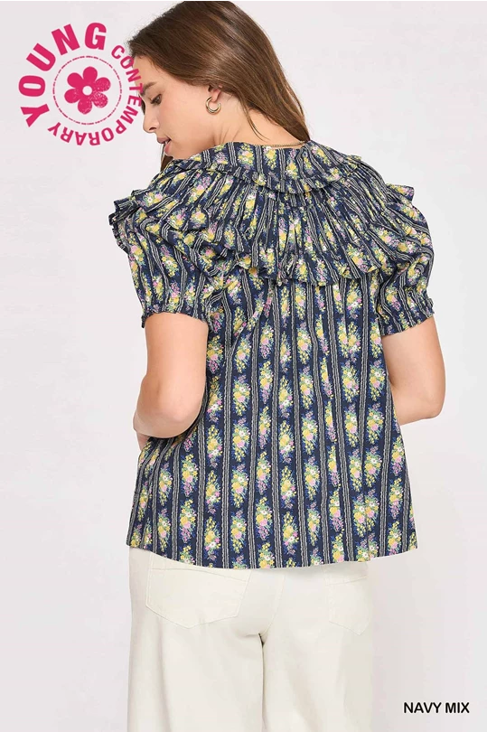 Navy Ruffle Floral Blouse