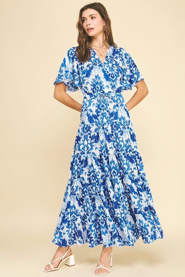 Blue White Mix Floral Print Maxi Dress