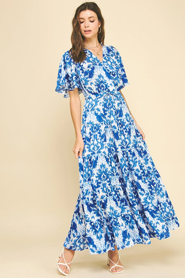 Blue White Mix Floral Print Maxi Dress