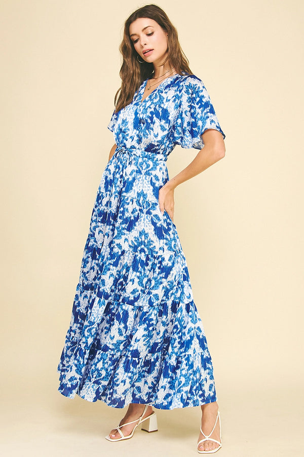 Blue White Mix Floral Print Maxi Dress