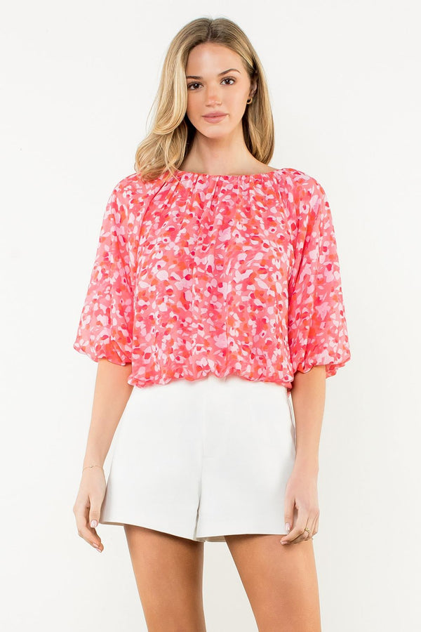 Pink Floral Puff Sleeve Blouse