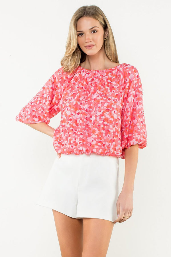 Pink Floral Puff Sleeve Blouse