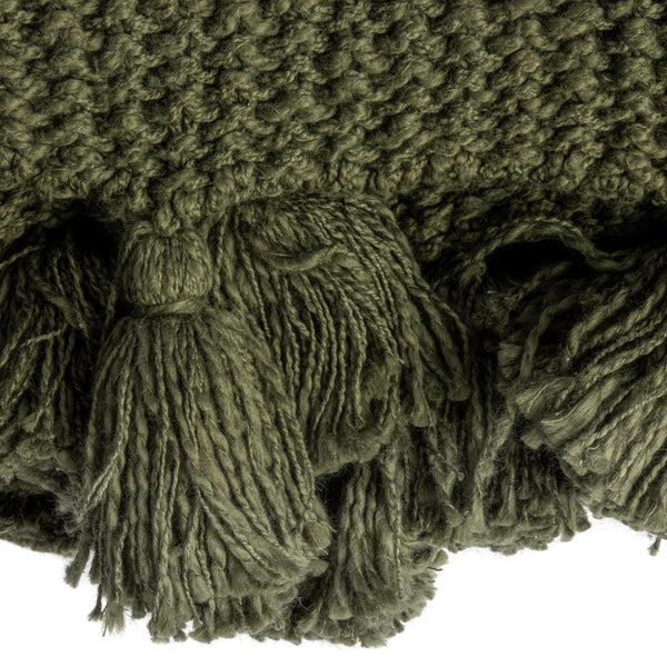 Cotton Knit Throw w/ Tassels, Olive Green