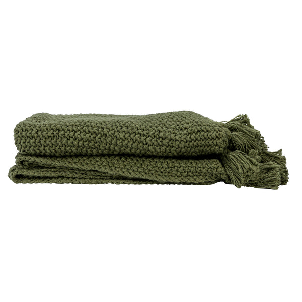Cotton Knit Throw w/ Tassels, Olive Green