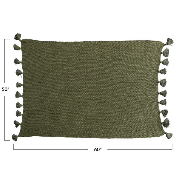 Cotton Knit Throw w/ Tassels, Olive Green