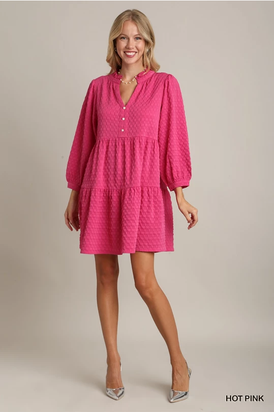 Jacquard Tiered Dress - Hot Pink