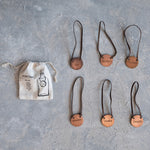 Metal Bottle Tag w/ Leather Tie, Antique Copper Finish, Set of 6 in Printed Drawstring Bag