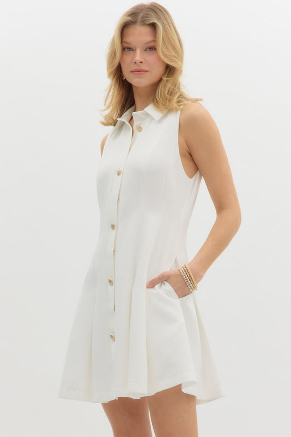 White Pleated Mini Dress with Gold Buttons