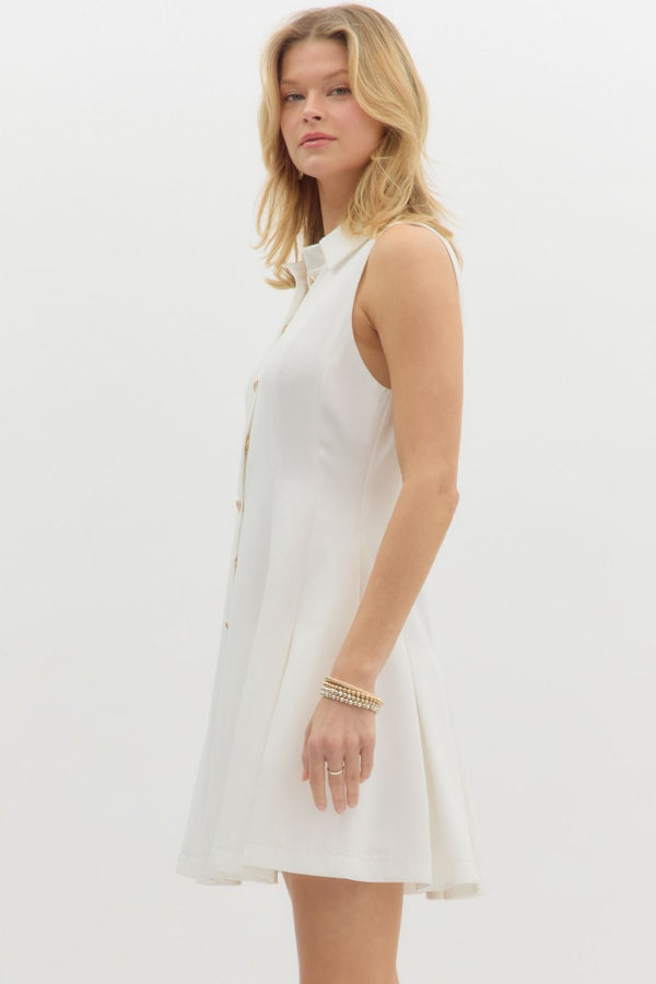 White Pleated Mini Dress with Gold Buttons