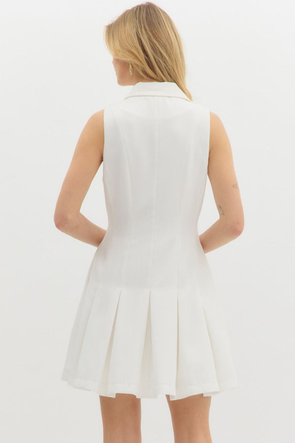 White Pleated Mini Dress with Gold Buttons