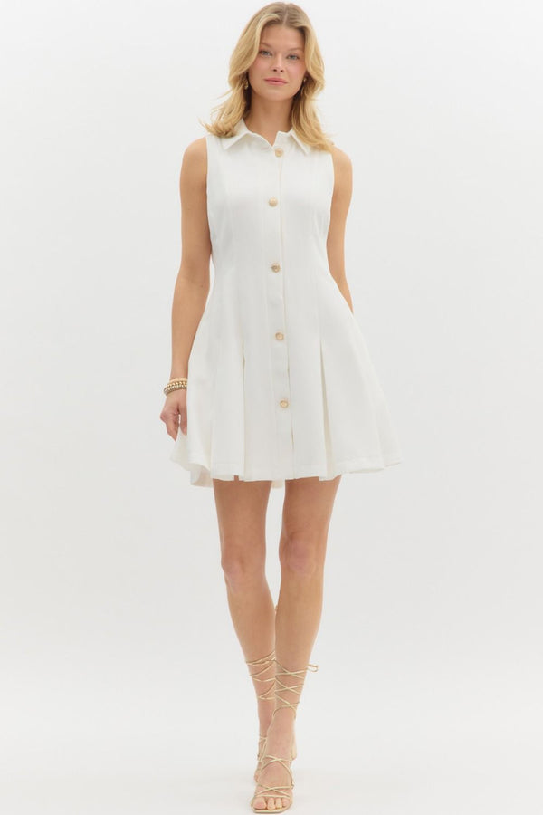 White Pleated Mini Dress with Gold Buttons