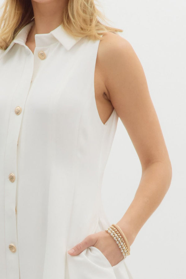 White Pleated Mini Dress with Gold Buttons