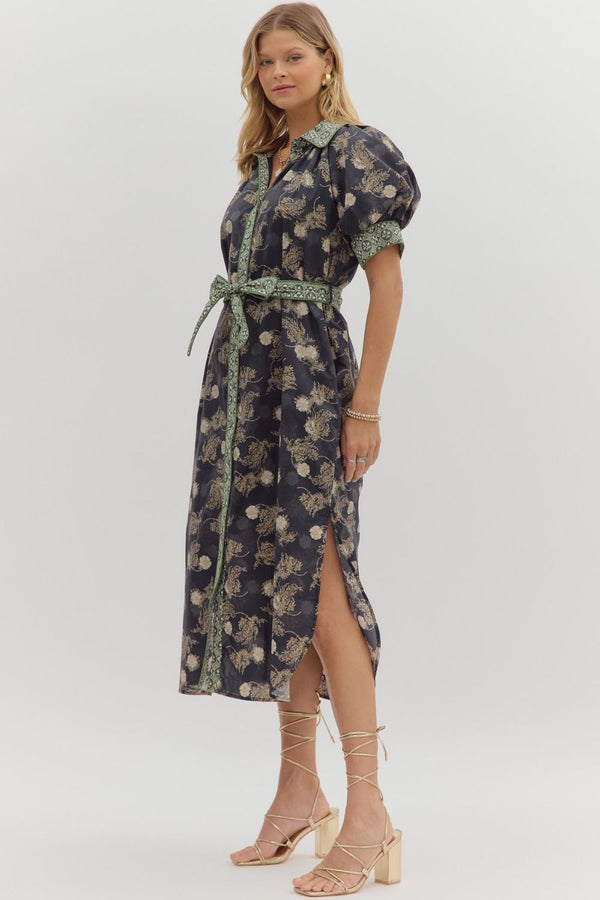 Navy Floral Puff Sleeve Midi Dress