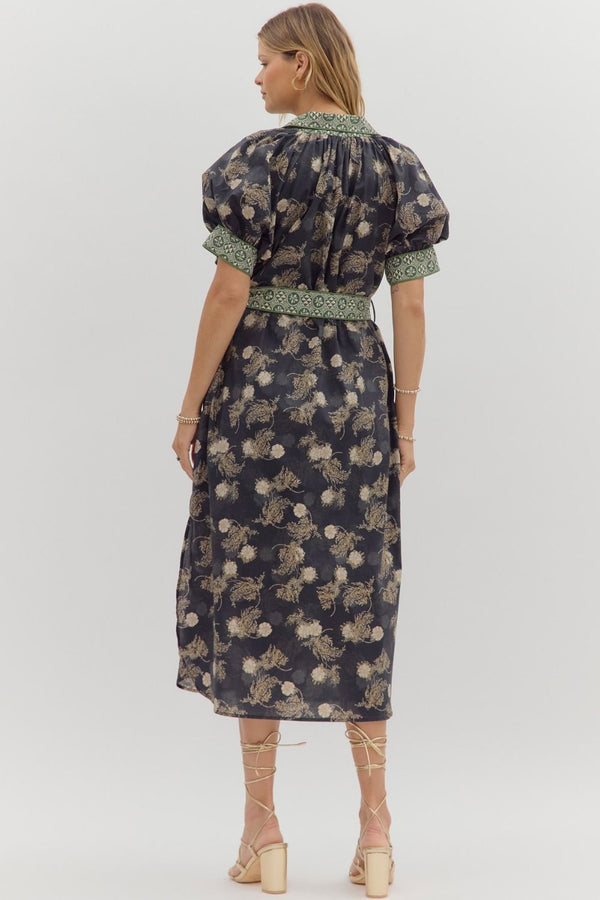 Navy Floral Puff Sleeve Midi Dress