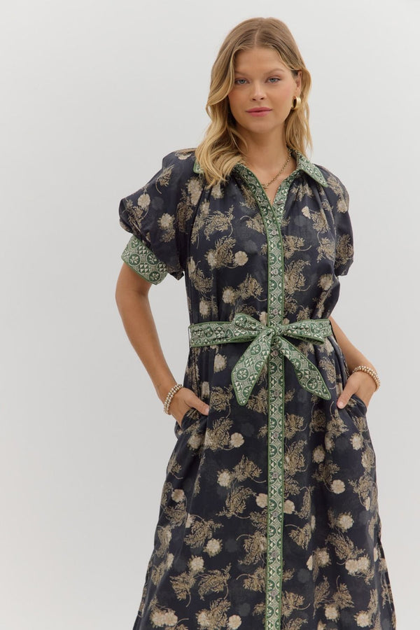 Navy Floral Puff Sleeve Midi Dress
