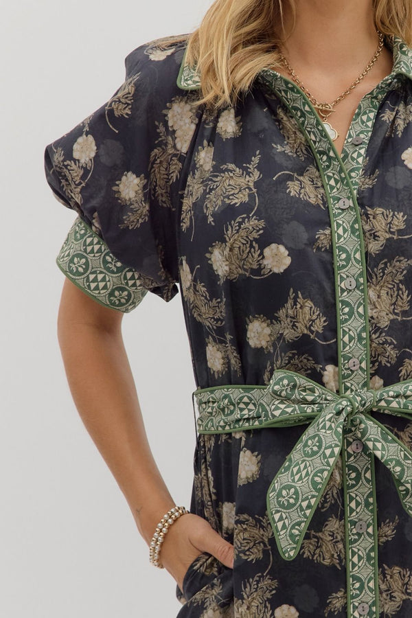 Navy Floral Puff Sleeve Midi Dress