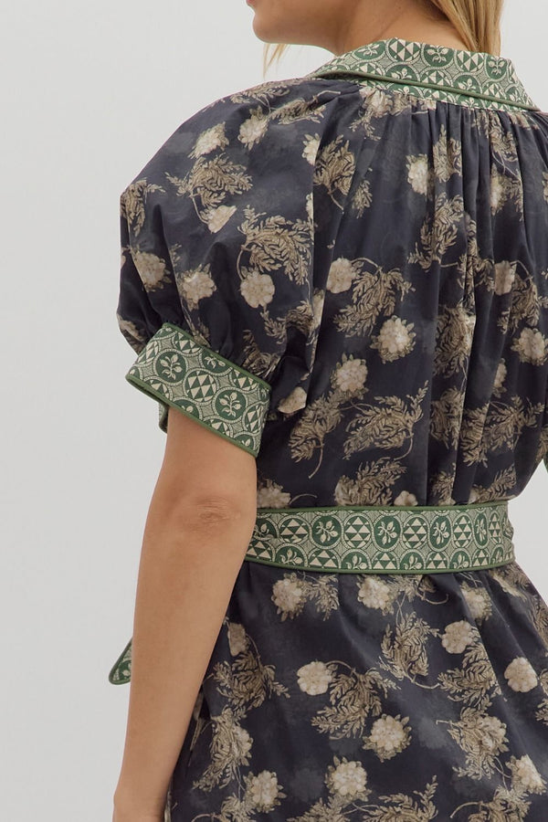 Navy Floral Puff Sleeve Midi Dress