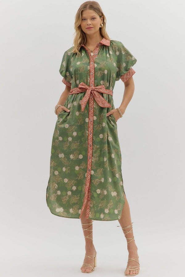 Olive Floral Puff Sleeve Midi Dress