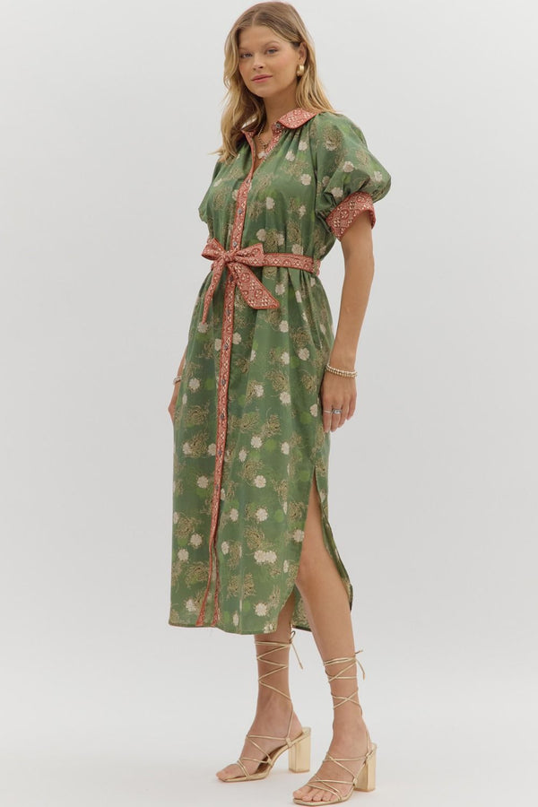 Olive Floral Puff Sleeve Midi Dress