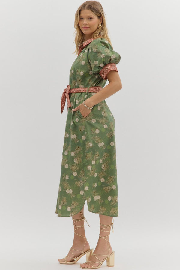 Olive Floral Puff Sleeve Midi Dress