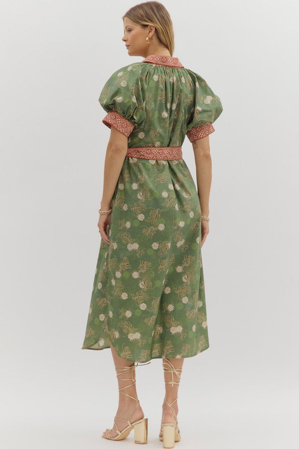 Olive Floral Puff Sleeve Midi Dress