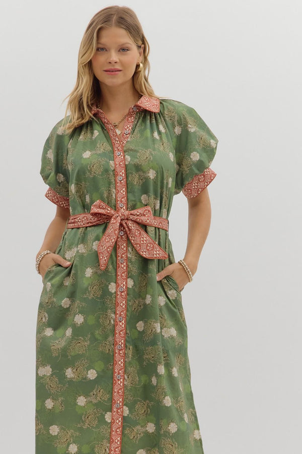 Olive Floral Puff Sleeve Midi Dress