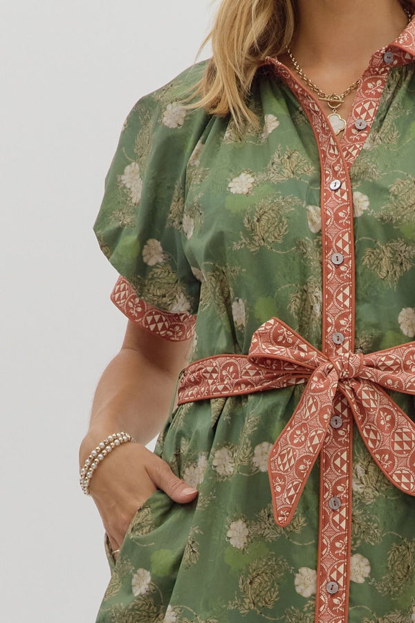 Olive Floral Puff Sleeve Midi Dress