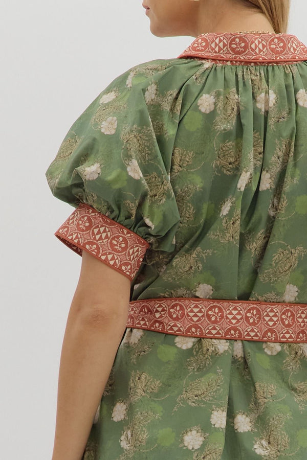 Olive Floral Puff Sleeve Midi Dress