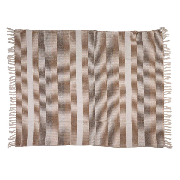 Woven Recycled Cotton Blend Throw with Stripes & Fringe