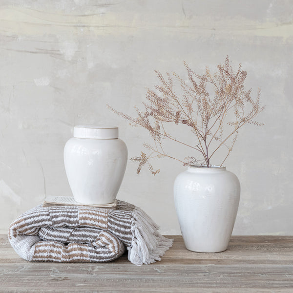 Woven Recycled Cotton Blend Throw with Stripes & Fringe