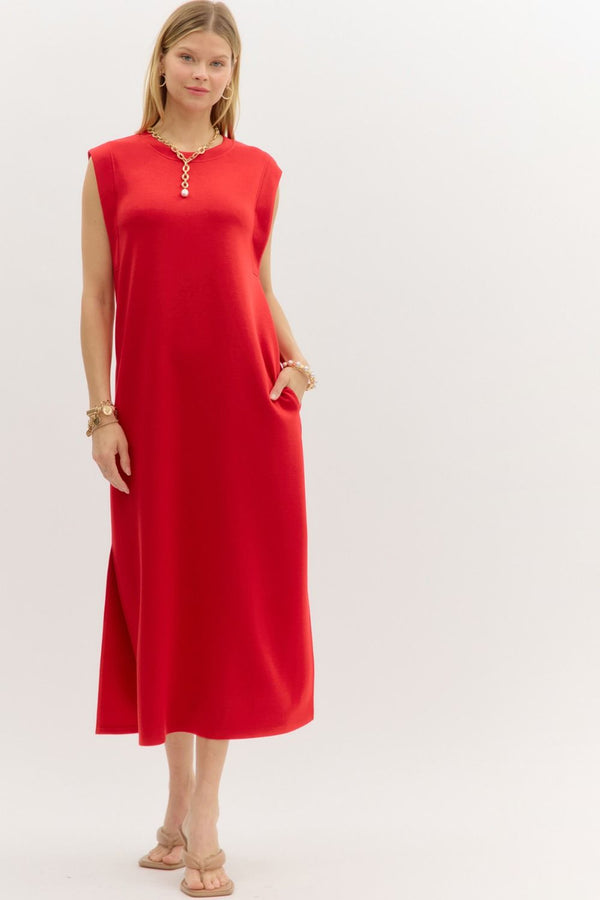 Red Jersey Knit Midi Dress