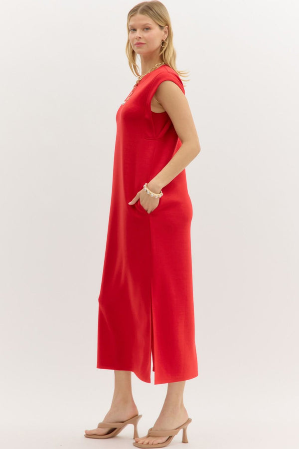 Red Jersey Knit Midi Dress