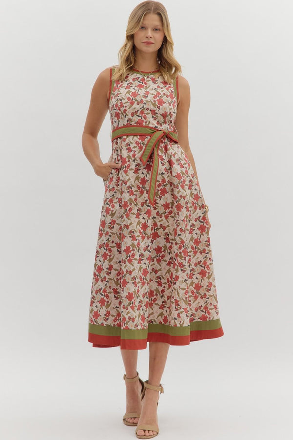 Ecru and Rust Floral Print Midi Dress
