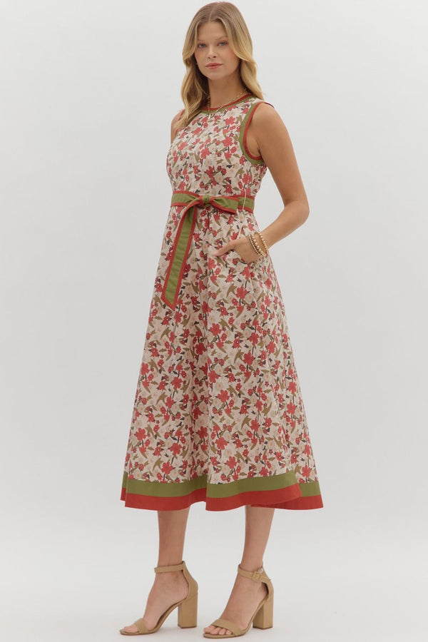 Ecru and Rust Floral Print Midi Dress