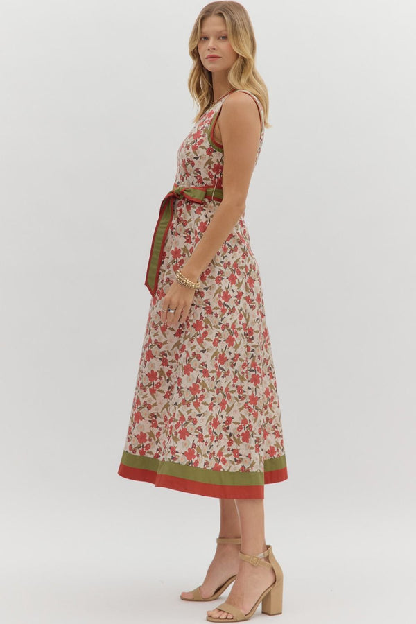 Ecru and Rust Floral Print Midi Dress