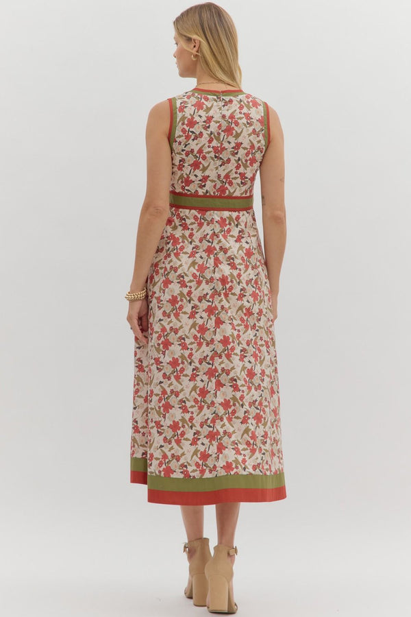 Ecru and Rust Floral Print Midi Dress