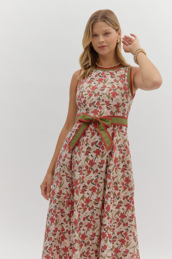 Ecru and Rust Floral Print Midi Dress