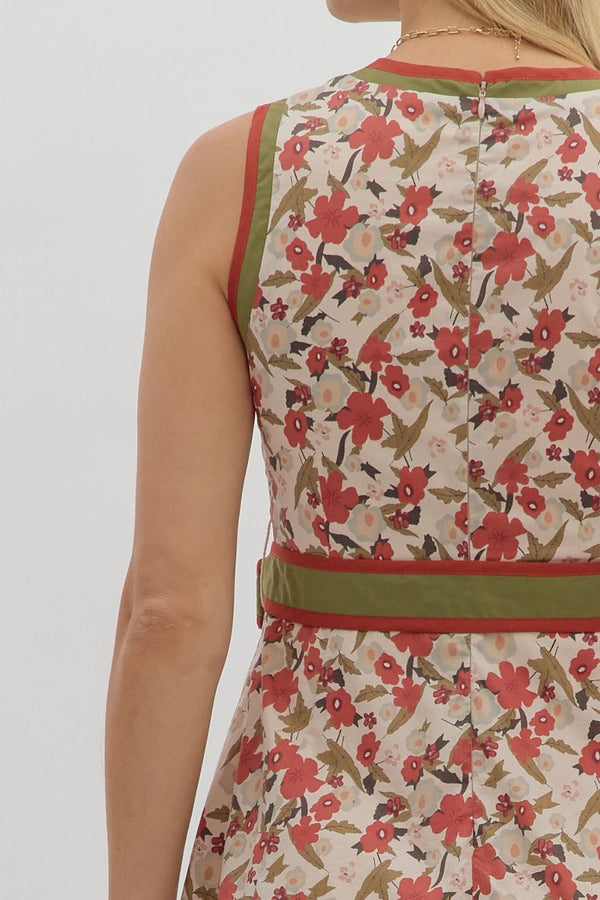 Ecru and Rust Floral Print Midi Dress