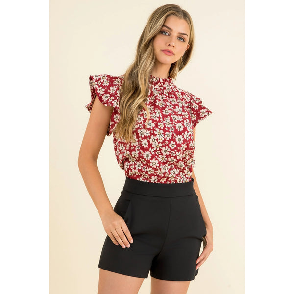 Red Flower Print Knit Top