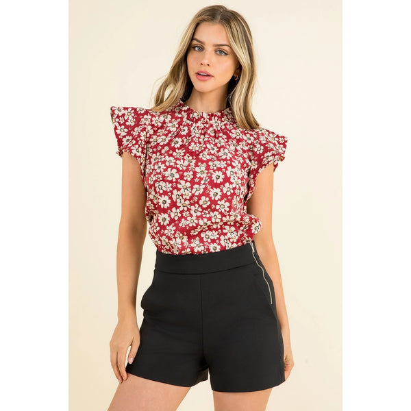 Red Flower Print Knit Top