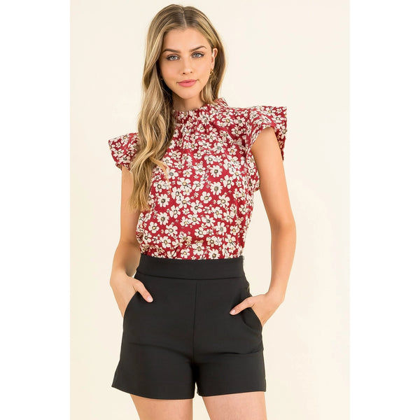 Red Flower Print Knit Top