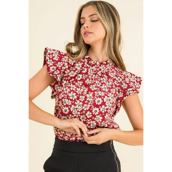 Red Flower Print Knit Top