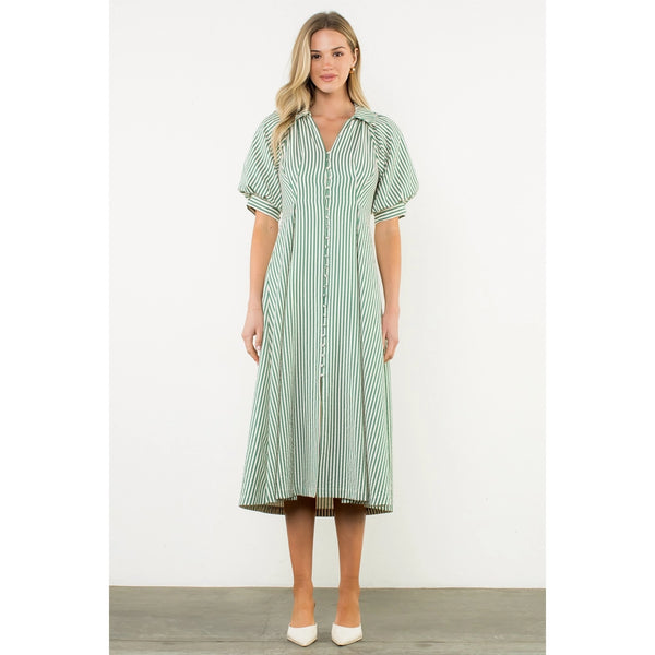 Puff Sleeve Green Striped Button Maxi Dress