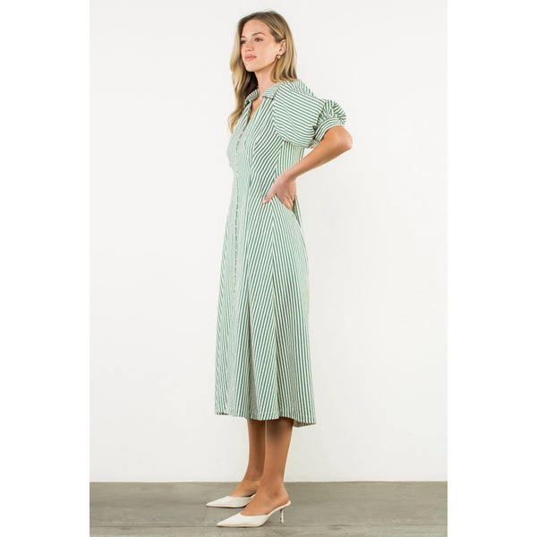 Puff Sleeve Green Striped Button Maxi Dress